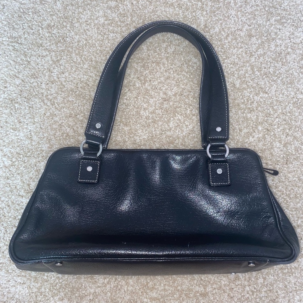 VTG Kate Spade Black Leather Wide Shoulder Silver Hardware Striped Interior Bag - Picture 2 of 13
